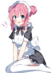  ! !! 1girl absurdres alternate_costume apron black_dress blue_eyes blush bocchi_the_rock! commentary_request double_bun dress enmaided frilled_dress frills gotoh_hitori hair_between_eyes hair_bun highres long_hair maid maid_apron maid_headdress open_mouth pink_hair simple_background solo suta0822 thighhighs white_apron white_background white_thighhighs 