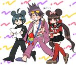  1girl 2boys :d abe_riko black_hair black_skirt brown_eyes brown_footwear brown_hair collarbone cup danganronpa_(series) danganronpa_v3:_killing_harmony drinking_straw facial_hair full_body goatee grin hair_ornament hair_scrunchie harukawa_maki highres holding holding_cup jacket long_hair long_sleeves male_focus mickey_mouse_ears miniskirt momota_kaito multiple_boys open_clothes pants pink_pants pleated_skirt print_shirt purple_hair red_eyes red_scrunchie red_thighhighs rocket saihara_shuichi scrunchie shirt short_hair skirt smile spiked_hair striped striped_jacket striped_pants sweatdrop thighhighs translation_request twintails white_shirt 