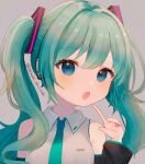  1girl artist_name blue_eyes blue_hair blush collared_shirt detached_sleeves finger_to_own_chin hair_ornament hatsune_miku headphones index_finger_raised long_hair long_sleeves looking_at_viewer necktie open_mouth shirt sleeveless sleeveless_shirt solo suiren_nei twintails upper_body vocaloid 