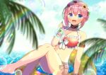  1girl :d bare_legs bare_shoulders barefoot bikini blue_eyes blue_sky blurry blurry_foreground braid breasts bubble_pipe cleavage cloud cloudy_sky collarbone commentary_request crown_braid day depth_of_field flower hair_between_eyes hair_flower hair_ornament holding innertube kou_hiyoyo looking_at_viewer medium_breasts navel pink_hair princess_connect! red_bikini red_flower red_rose rose sky smile solo swimsuit water white_flower yellow_flower yui_(princess_connect!) 