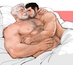  2boys abs afterglow arm_hair bara beard beard_stubble blush chest_hair closed_eyes couple covering cuddling dopey_(dopq) facial_hair furrowed_brow hairy highres large_pectorals looking_at_another lying male_focus mature_male multiple_boys muscular muscular_male mustache_stubble navel navel_hair nipples nude_cover old old_man on_back on_bed original pectorals short_hair sideburns smile stomach strongman_waist thick_mustache topless_male white_hair yaoi 