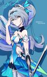  19c_(user_aevy3587) 1girl absurdres blue_background bronya_zaychik bronya_zaychik_(herrscher_of_reason) character_name curly_hair dress grey_eyes grey_hair halo high_ponytail highres holding holding_sword holding_weapon honkai_(series) honkai_impact_3rd multicolored_eyes official_alternate_costume official_alternate_hairstyle parted_lips red_eyes solo sword teeth weapon 