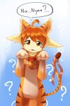  2:3 anthro begging begging_pose bell bell_collar collar dragon ears_back fake_ears featureless_crotch front_view fur furred_dragon glistening glistening_eyes gloves_(marking) hair hi_res kuttoyaki looking_at_viewer male markings nude open_mouth orange_hair pivoted_ears portrait pose red_collar simple_background solo speech_bubble standing striped_legs striped_markings striped_tail stripes tail tail_markings three-quarter_portrait yellow_body yellow_ears yellow_eyes yellow_fur 