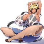  1girl absurdres animal_ears animal_print armpits arms_up bell blonde_hair breasts brown_eyes brown_hair cathyl cleavage cow_ears cow_girl cow_horns cow_print cow_tail cowbell dark-skinned_female dark_skin denim denim_shorts facial_mark gigantic_breasts halterneck highres hooves horns inumonekomoku monster_musume_no_iru_nichijou multicolored_hair neck_bell shorts sideboob simple_background sitting solo tail torn_clothes torn_shorts two-tone_hair white_background 