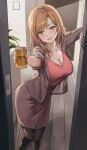  1girl :d beer_can black_pantyhose blush breasts brown_eyes brown_hair brown_jacket brown_skirt can cleavage doorway feet_out_of_frame highres holding holding_can indoors jacket kuza_brs large_breasts long_hair looking_at_viewer open_clothes open_door open_jacket original pantyhose red_shirt shirt skirt smile solo standing 