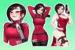  1girl ada_wong arms_behind_head artist_name bare_arms bare_shoulders belt biting blush blushyspicy border breasts brown_hair cleavage clothes_lift collarbone covered_navel cropped_legs cropped_torso dress dress_lift gradient_background green_background gun half-closed_eyes handgun heart holding holding_gun holding_weapon knife large_breasts lip_biting long_sleeves multiple_views one_eye_closed red_dress red_lips red_sweater resident_evil resident_evil_4 short_hair skindentation smile sweater teeth thigh_strap upper_body watermark weapon white_border 