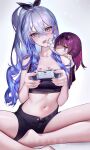  2girls absurdres bare_arms bare_legs barefoot black_shorts blue_hair chibi controller crop_top crossed_bangs earrings eyewear_on_head fingernails game_controller gradient_hair grey_hair hair_between_eyes hair_ribbon hand_on_another&#039;s_cheek hand_on_another&#039;s_face highres holding holding_controller holding_game_controller honkai:_star_rail honkai_(series) jewelry kafka_(honkai:_star_rail) long_fingernails long_hair midriff multicolored_hair multiple_girls navel open_mouth person_on_shoulder purple_eyes purple_hair ribbon ringeko-chan short_shorts shorts silver_wolf_(honkai:_star_rail) simple_background sitting white_background 