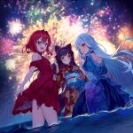  3girls ange_katrina animal_ears blue_choker blue_dress blue_eyes blue_hair blush brown_hair cat_ears choker dress fireworks heterochromia highres in_water inui_toko japanese_clothes kimono kutori_pan&#039;ya lize_helesta long_hair multiple_girls nijisanji pink_eyes red_dress red_eyes red_hair red_kimono sanbaka_(nijisanji) short_hair smile yellow_eyes 