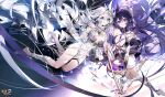  2girls bare_legs bare_shoulders barefoot benghuai_xueyuan blue_eyes bracelet breasts cleavage copyright_name gloves hair_ornament highres holding honkai_(series) jewelry kiana_kaslana long_hair multiple_girls official_art purple_eyes purple_hair raiden_mei second-party_source smile white_hair 