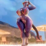  1:1 2023 3d_(artwork) abs anthro beach beach_chair beach_umbrella biceps big_breasts black_hair black_tail black_tipped_ears blue_sky breasts chair clothed clothing curvaceous curvy_figure detailed_background digital_media_(artwork) digital_painting_(artwork) equid equine female full-length_portrait fur furniture hair hand_on_hat hand_on_hip hat headgear headwear highlights_(coloring) hooves horse huge_breasts keeltheequine lips long_tail looking_aside mammal mixed_media mostly_nude multicolored_body multicolored_hair muscular muscular_anthro muscular_female one-piece_swimsuit outside pink_hair pink_one-piece_swimsuit portrait pose purple_body purple_eyes purple_lips seaside skimpy sky solo sun_hat swimwear tail thick_lips thick_thighs two_tone_hair voluptuous walking white_body white_fur wide_hips 