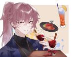  1boy alcohol black_sweater blue_jacket border brown_background cinnamon_stick cup double-parted_bangs drink drinking_glass drinking_straw food fruit garnish granblue_fantasy hair_between_eyes highres holding holding_cup ice ice_cube iced_tea jacket jewelry lapels lemon lemon_slice long_hair looking_at_viewer male_focus meat mini_flag mulled_wine notched_lapels open_clothes open_jacket orange_(fruit) orange_slice outside_border parted_lips pendant plate ponytail purple_hair red_eyes red_hair red_ribbon red_wine ribbed_sweater ribbon rice simple_background smile solo sweater tea tray turtleneck turtleneck_sweater upper_body white_border wine wine_glass wooden_tray yakota_(usuk-yako) yurius_(shingeki_no_bahamut) 