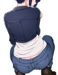  1girl ass boku_no_hero_academia butt_crack denim highres jeans jirou_kyouka kobaji pants purple_hair shirt shoes short_hair simple_background solo squatting 