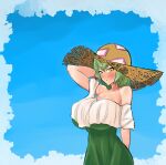  1girl absurdres arm_behind_back arm_behind_head bare_shoulders blue_background blush breasts brown_headwear byden_i3 closed_mouth commentary hat highres large_breasts looking_at_viewer ofuda ofuda_on_clothes soga_no_tojiko solo straw_hat touhou upper_body yellow_eyes 