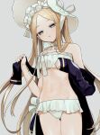  1girl :o abigail_williams_(fate) abigail_williams_(swimsuit_foreigner)_(fate) abigail_williams_(swimsuit_foreigner)_(third_ascension)_(fate) bare_shoulders bikini bikini_skirt black_jacket blonde_hair blue_eyes bonnet bow cowboy_shot fate/grand_order fate_(series) from_below grey_background hair_bow highres jacket jacket_partially_removed light_blush long_hair long_sleeves looking_down multiple_hair_bows navel off_shoulder parted_lips ribbon simple_background sleeves_past_wrists solo striped striped_bow striped_ribbon sumi_(gfgf_045) swimsuit twintails white_bikini white_bow white_headwear white_ribbon 