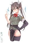  asymmetrical_legwear black_gloves black_thighhighs bow bowtie cropped_legs elbow_gloves gloves green_shirt hair_ribbon hand_on_own_hip highres index_finger_raised kantai_collection military_uniform one-hour_drawing_challenge pelvic_curtain red_bow red_bowtie ribbon shirt simple_background single_elbow_glove single_glove single_thighhigh tf_cafe thighhighs tone_(kancolle) tone_kai_ni_(kancolle) twintails twitter_username uneven_legwear uniform white_background white_ribbon 