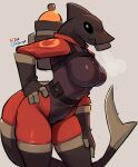  absurd_res anthro breasts breath_cloud clothing female fin fish gas_mask head_fin hi_res jarnqk marine mask pyro_(team_fortress_2) rubber_clothing rubber_suit shark simple_background solo standing team_fortress_2 valve 