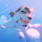  1boy :d absurdres bara blue_sky chest_tuft commission facial_hair frde furry furry_male goatee highres large_pectorals looking_at_viewer male_focus mature_male muscular muscular_male original pectorals ponytail second-party_source short_hair sky smile solo star-shaped_pupils star_(symbol) symbol-shaped_pupils thick_eyebrows upper_body white_fur 