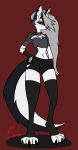  absurd_res alpaccasneaky anthro canid canid_demon claws clothed clothing collar crop_top demon female fur gloves grey_body grey_fur handwear hellhound helluva_boss hi_res legwear loona_(helluva_boss) mammal paws pentagram piercing sfw shirt small_waist solo solo_focus spikes stockings tail thick_tail topwear 