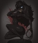  anthro black_body black_fur blood bodily_fluids breasts breath crouching eldritch_abomination erect_nipples evil_grin fangs female fur hair hi_res humanoid liarborn long_fingers long_hair looking_at_viewer medium_breasts monster nipples simple_background skinny small_waist smile solo teeth thick_thighs twipie wide_hips 