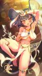  1girl absurdres animal animal_ear_fluff animal_ears arm_on_head arm_up armlet armpits ass_visible_through_thighs blurry blurry_background blush breasts breasts_apart covered_nipples dancer dancing eyelashes gem groin harem_outfit head_tilt highres jewelry leaning_to_the_side leg_lift loincloth long_hair looking_at_viewer melaton mouse mouse_ears mouse_girl mouse_tail navel nazrin no_panties open_mouth orange_eyes revealing_clothes solo_focus spread_legs stomach tail thighlet touhou 