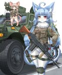  2023 5_fingers absurd_res ahoge anthro armored_vehicle blue_body blue_fur blue_hair blush bottomless bottomless_anthro bottomless_female braided_hair braided_ponytail breasts camo camo_clothing camo_print car claws clothed clothing crossgender digital_media_(artwork) domestic_cat duo featureless_crotch felid feline felis female female_anthro finger_claws fingers fluffy forked_tail fur gun hair hamu_chunchun heterochromia hi_res humvee inner_ear_fluff jacket japan_air_self-defense_force japanese_text kemono long_hair male_(lore) mammal mikelan125r mouse mtf_crossgender murid murine navel neck_tuft omaneko_(jasdf) pattern_clothing pawpads ponytail ranged_weapon red_eyes rifle rocket_launcher rodent smile smiling_at_viewer tail tan_body tan_fur tan_hair text topwear translation_request trigger_discipline tuft unusual_anatomy unusual_tail vehicle weapon whiskers white_body white_fur yellow_eyes 
