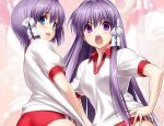  2girls blue_eyes blush bow buruma clannad clothes_pull commentary_request eyelashes eyes_visible_through_hair frown fujibayashi_kyou fujibayashi_ryou gym_uniform hair_between_eyes hair_bow hair_intakes hair_ribbon hands_on_own_hips long_hair looking_at_viewer looking_back multiple_girls open_mouth pink_background pulled_by_self purple_eyes red_buruma ribbon shirt shirt_pull short_hair short_sleeves siblings sidelocks simple_background sisters straight_hair teeth twins upper_teeth_only very_long_hair white_bow white_ribbon white_shirt zen_(kamuro) 