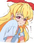  1girl aikatsu! aikatsu!_(series) blonde_hair bow commentary_request hair_bow hairband half-closed_eyes hoshimiya_ichigo long_hair looking_at_viewer open_mouth red_bow red_eyes red_hairband shirt short_sleeves simple_background sleepy solo t-shirt translation_request upper_body white_background white_shirt yamamura_saki 