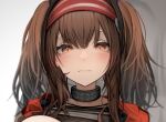  1girl angelina_(arknights) arknights black_shirt blush brown_hair closed_mouth collar hairband heart heart_in_eye highres infection_monitor_(arknights) long_hair looking_at_viewer orange_eyes red_hairband shirt sidelocks solo symbol_in_eye tab_head twintails upper_body 