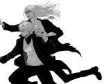  2boys black_jacket black_nails black_pants blonde_hair daybit_sem_void fate/grand_order fate_(series) floating_hair full_body holding_hands jacket jewelry long_hair looking_to_the_side male_focus medallion multiple_boys necklace nobicco open_clothes open_jacket pants shirt short_hair simple_background smile sunglasses tezcatlipoca_(fate) trench_coat white_background white_shirt 