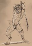  2023 abs angry anthro athletic athletic_anthro athletic_male blood blood_on_weapon bodily_fluids bottomwear bulge canid canine canis claws clothing feet fingers fur gladiator hair hindpaw holding_object holding_sword holding_weapon humanoid_hands loincloth male mammal marsonaut melee_weapon navel nipples open_mouth paws pecs pubes scratches signature solo standing sweat sword teeth toe_claws toes tongue warrior weapon wolf wounded 