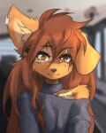  2023 anthro apogee_(tinygaypirate) blurred_background breasts canid canine canis clothed clothing digital_media_(artwork) domestic_dog female female_anthro floppy_ears fur hair happy hi_res kemono long_hair looking_at_viewer mammal off_shoulder piercing portrait small_breasts smile smiling_at_viewer solo spitz sweater tattoo tinygaypirate topwear 