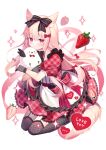  1girl animal_ears artist_name black_bow black_gloves bow expressionless fishnet_thighhighs fishnets food fruit gloves hair_bow heart highres homaderi original pink_hair purple_eyes solo sparkle strawberry stuffed_animal stuffed_toy tail thighhighs white_background 