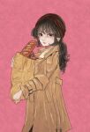  1girl bag black_eyes black_hair bread breasts brown_coat brown_headband coat ear_piercing earrings eyelashes food headband highres holding holding_bag jewelry long_hair looking_at_viewer original piercing pink_background shiraco_(sgdv2435) shopping_bag simple_background solo trench_coat 