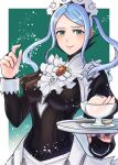  1girl black_dress blue_hair bowl bridal_gauntlets dress fire_emblem fire_emblem_fates flora_(fire_emblem) grey_eyes highres holding holding_tray long_sleeves looking_at_viewer maid maid_headdress parted_bangs plate smile snow solo spoon tray twintails upper_body wrist_cuffs yuki12046 