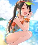  1girl ^_^ armband beach bikini black_hair blue_sky blurry blurry_background blush bow bracelet breasts cleavage closed_eyes collarbone day dot_nose eyewear_on_head flat_chest forest frilled_bikini frills goggles goggles_around_neck hair_bow highres idolmaster idolmaster_shiny_colors interlocked_fingers jewelry long_hair looking_at_viewer mitsumine_yuika nature ocean open_mouth orange_bikini orange_bow outdoors pachiko pink-framed_eyewear polka_dot polka_dot_bikini rash_guard scrunchie sky smile solo squatting star_(symbol) star_print sweat swimsuit teeth twintails visor_cap 