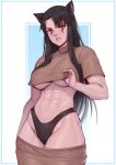  1girl abs absurdres animal_ears black_hair black_panties breasts brown_shirt brown_skirt cat_ears cat_girl clothes_pull commentary commission crop_top english_commentary facial_mark framed groin highleg highleg_panties highres large_breasts long_hair looking_at_viewer muscular muscular_female navel original panties parted_lips pixiv_commission red_eyes shirt signature skirt skirt_pull solo speedl00ver standing stomach sweat sweatdrop teeth thick_thighs thighs underboob underwear 