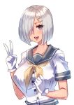  1girl :d black_sailor_collar blue_eyes breasts collarbone gloves grey_hair hair_ornament hair_over_one_eye hairclip hamakaze_(kancolle) hands_up highres kantai_collection large_breasts looking_at_viewer neckerchief quanero sailor_collar school_uniform serafuku shirt short_hair short_sleeves smile solo teeth upper_body v white_background white_shirt yellow_neckerchief 