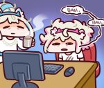  animal_ears bags_under_eyes blue_hair chibi coffee_mug commentary computer cup desk dog_ears dress english_commentary fuwawa_abyssgard highres hololive hololive_english keenbiscuit keyboard_(computer) light_brown_hair messy_hair mococo_abyssgard monitor mouse_(computer) mug multicolored_hair pink_hair shirt siblings sisters speech_bubble streaked_hair twins virtual_youtuber waking_up white_dress white_shirt 
