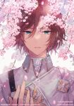  1boy aqua_eyes belt black_belt brown_hair cherry_blossoms collared_jacket content_rating cover cover_page dappled_sunlight doujin_cover ensemble_stars! falling_petals floral_print flower hair_between_eyes hair_strand hand_up jacket looking_at_viewer male_focus mikejima_madara momoiro o-ring parted_bangs parted_lips petals pink_flower shirt short_hair shoulder_belt solo sunlight turtleneck upper_body white_background white_jacket white_shirt 