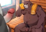  2023 absurd_res agitoryuusaki anthro balls bear black_nose censored detailed_background duo erection genitals hi_res kemono male male/male mammal musclegut overweight overweight_male penis sauna scar sitting solo_focus towel 