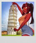  1girl black_hair blunt_bangs border breasts colored_skin demon_girl demon_tail english_commentary freckles from_side hair_between_horns horns leaning_tower_of_pisa long_hair medium_breasts meruccubus_(merunyaa) merunyaa mole mole_under_eye oni oni_horns open_mouth original photo_background pointy_ears polaroid ponytail red_oni red_skin shorts skin-covered_horns sleeveless solo tail tape_measure white_border yellow_eyes 