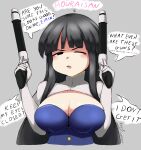  1girl absurdres artist_name black_hair blunt_bangs breasts character_name cleavage cosplay dated elbow_gloves english_text finger_on_trigger gloves grey_background gun highres hime_cut holding holding_gun holding_weapon houraisan_kaguya kaguya_(under_night_in-birth) kozup large_breasts long_hair looking_at_viewer one_eye_closed open_mouth parody sidelocks simple_background solo speech_bubble touhou under_night_in-birth under_night_in-birth_2_sys:celes upper_body weapon white_gloves 