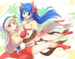  2girls :d animal_ears asymmetrical_docking bangs bikini bikini_top_only blonde_hair blue_hair blush boots bow breast_press breasts brooch brown_capelet brown_gloves capelet cat_brooch cat_ears cleavage commentary_request elbow_gloves emurin flat_chest full_body gloves green_eyes hair_bow highres hug jewelry large_breasts leaf_hat_ornament long_hair looking_at_viewer low-tied_long_hair mage_(ragnarok_online) majiko_(emurin) midriff multiple_girls navel open_mouth paw_print_tattoo pelvic_curtain ragnarok_online red_bikini red_bow red_footwear red_skirt showgirl_skirt skirt smile star-shaped_pupils star_(symbol) star_brooch swimsuit symbol-shaped_pupils tam_(ragnarok_online) white_headwear 