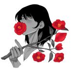  1boy blending branch bright_pupils fingernails flower flower_over_mouth flower_request hair_between_eyes halorane highres holding holding_branch ishikawa_goemon_xiii leaf lupin_iii male_focus medium_hair pectoral_cleavage pectorals red_flower solo spot_color upper_body white_background white_pupils 