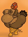  2016 3_toes 4_fingers anthro avian bird brown_body brown_feathers digital_media_(artwork) erect_nipples eyelashes feathers feet female fingers galliform looking_at_viewer nipples orange_background overweight phasianid poundforpoundcake signature simple_background solo toes turkey 