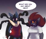  2022 angry anthro big_breasts black_body black_fur black_hair black_highlights blue_body blue_fur breasts cigarette cigarette_in_mouth clothed clothing dart_(dewwydarts) dewwydarts dialogue duo english_text female fur generation_5_pokemon glowing glowing_eyes grey_body grey_clothing grey_fur grey_shirt grey_topwear hair hi_res highlights_(coloring) leah_(dewwydarts) looking_at_viewer male mega_evolution mega_lucario mother-in-law mother-in-law_and_son-in-law multicolored_body multicolored_fur neck_tuft nintendo object_in_mouth pokemon pokemon_(species) red_body red_clothing red_eyes red_fur red_hair red_shirt red_tank_top red_topwear sharp_teeth shirt simple_background smoke smoking smoking_cigarette son-in-law speech_bubble spikes spikes_(anatomy) tan_body tan_fur tank_top teeth text topwear tuft zoroark 