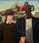  1boy 1girl absurdres american_gothic architecture black_jacket blood blood_on_face chainsaw chainsaw_man collared_shirt denji_(chainsaw_man) dress fine_art_parody gothic_architecture highres holding holding_pitchfork house jacket kenzarts1 looking_at_another outdoors parody pitchfork scar scar_on_face shirt signature standing upper_body white_shirt yellow_eyes yoru_(chainsaw_man) 
