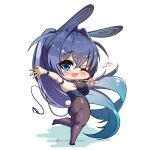  1girl absurdly_long_hair absurdres anchor animal_ears aqua_hair ass azur_lane blue_eyes blue_hair blue_leotard breasts chibi from_behind from_side full_body gradient_hair hair_flaps hair_intakes highres irkawaza large_breasts leotard long_hair looking_at_viewer looking_back multicolored_hair new_jersey_(azur_lane) one_eye_closed open_mouth pantyhose playboy_bunny rabbit_ears rabbit_tail sideboob smile solo tail v very_long_hair waving 