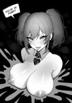  1girl artist_name bare_shoulders brassica breasts collarbone detached_collar english_text greyscale heart heart-shaped_pupils heart_necklace highres jewelry large_breasts long_eyelashes monochrome necklace nipples original shiny_skin sidelocks speech_bubble symbol-shaped_pupils tongue twintails upper_body 