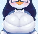  anthro avian beak big_breasts bird blue_background blue_body blue_clothing blue_feathers blue_hair blue_topwear blush breast_focus breasts choker cleavage cleavage_overflow clothed clothing doodle_(paeonypetals) eyewear feathers female glasses hair huge_breasts jewelry necklace paeonypetals pattern_background penguin rectangular_glasses simple_background solo striped_background topwear white_clothing white_topwear 